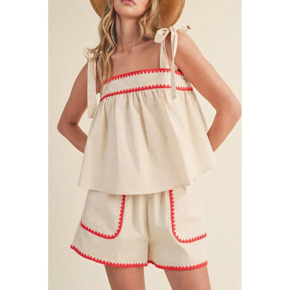 &merci Linen Blend Two-Piece Set Ric Rac Trim Babydoll Tank Top Shorts M